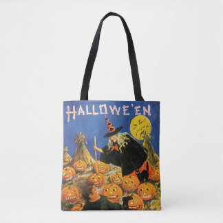 ouderwetse halloween, heks & pompoenen draagtas