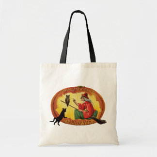 ouderwetse halloween, heks, zwarte kat & oorts tote bag