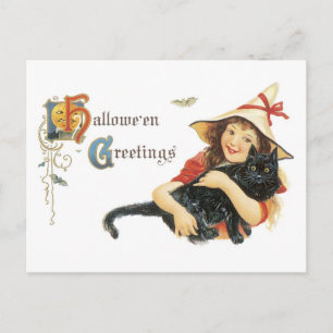 ouderwetse halloween, meisje met zwarte kat briefkaart