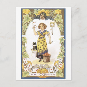 ouderwetse halloween, meisje met zwarte kat briefkaart