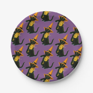 ouderwetse Halloween, witch cat die Violin speelt Papieren Bordje
