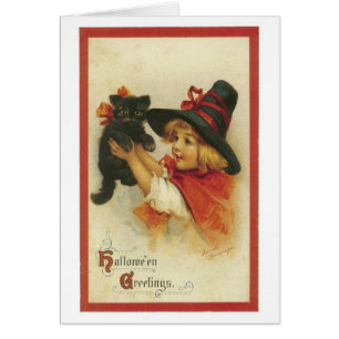 ouderwetse Halloween, witch girl met zwarte kat