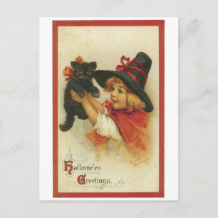 ouderwetse Halloween, witch girl met zwarte kat Briefkaart