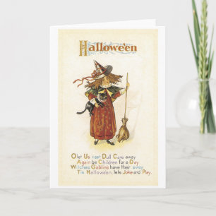 ouderwetse Halloween, witch girl met zwarte kat Kaart