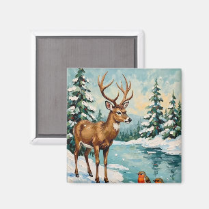 Ouderwetse herten- en roodborstkerstscene magneet
