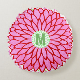 Ouderwetse houtsnede roze & rode bloesem rond kussen