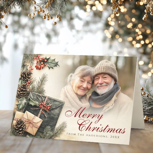 Ouderwetse hulstbessen beige foto kerst gevouwen feestdagen kaart