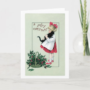 Ouderwetse kerst, meisje met zwarte kat feestdagen kaart