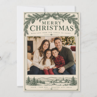 Ouderwetse Kerstmis Familie Foto met Groene Takken Feestdagenkaart