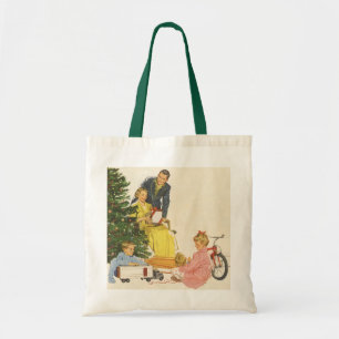 Ouderwetse kerstochtend, familie die cadeaus openm tote bag