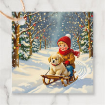 Ouderwetse kerstscene, jongen op slee met puppy