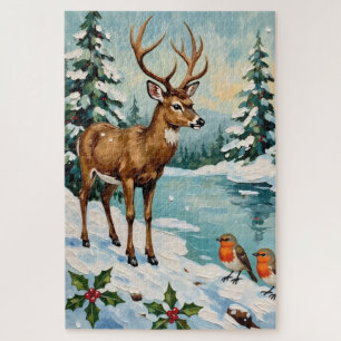 Ouderwetse kerstscene met herten en roodborstjes legpuzzel