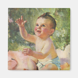Ouderwetse kinderen, schattig babymeisje op een ro magneet