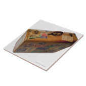 ouderwetse koffer met reissticker tegeltje (Zijkant)