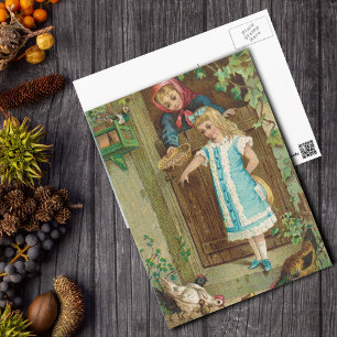 Ouderwetse meisje met moeder die kippen voert briefkaart