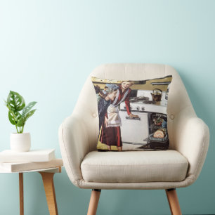 Ouderwetse moeder in de keuken die een paasham koo kussen