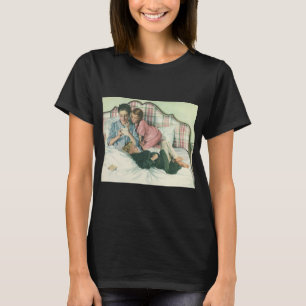 Ouderwetse Moederdag, kinderen lezen kaarten in be T-shirt