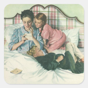 Ouderwetse Moederdag, kinderen lezen kaarten in be Vierkante Sticker