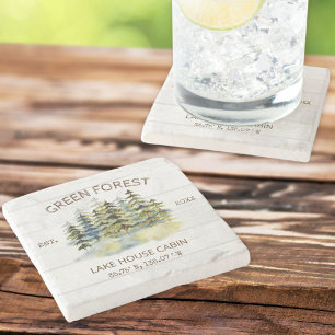 Ouderwetse Nevelig Groen Bos Aquarel Blokhut Lodge Stenen Onderzetter