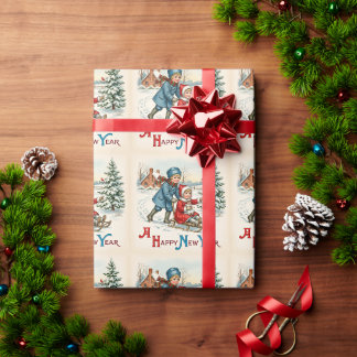 Ouderwetse Nieuwjaars Sleeën Kinderen Winter Scène Cadeaupapier