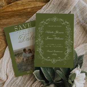 Ouderwetse Olijfgroene Foto Oude-Money Huwelijk Save The Date