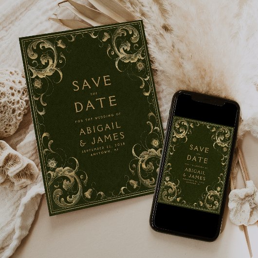 Ouderwetse olijfgroene gouden trouw 'Save the Date Kaart