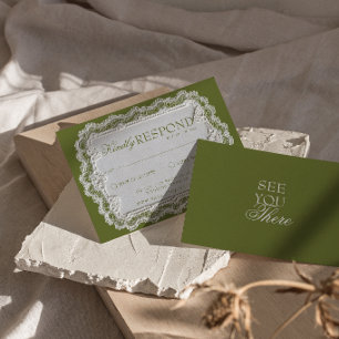 Ouderwetse Olijfgroene Kant Fancy Retro Bruiloft RSVP Kaartje