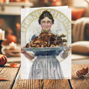 Ouderwetse oma die kalkoen serveert op Thanksgivin Feestdagen Kaart