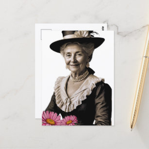 Ouderwetse oma met roze bloemen briefkaart