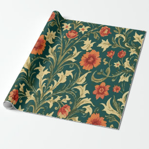 Ouderwetse oranje en gele bloemmotief op groen cadeaupapier