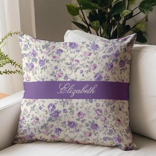 Ouderwetse Paarse Roze Bloemrijke Script Monogram Kussen