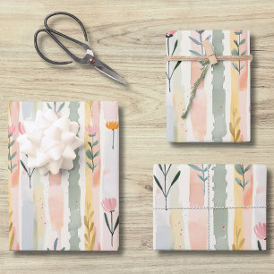 Ouderwetse Pastel Waterverf Bloemstrepen Inpakpapier Vel