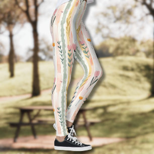 Ouderwetse Pastel Waterverf Bloemstrepen Leggings