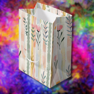 Ouderwetse Pastel Waterverf Bloemstrepen Medium Cadeauzakje