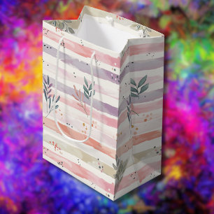 Ouderwetse Pastel Waterverf Strepen Bladeren Medium Cadeauzakje