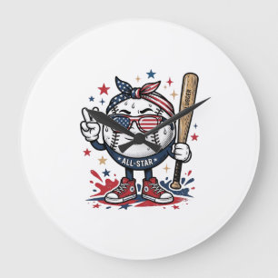 Ouderwetse Patriottische Honkbal Mascotte T-Shirt Grote Klok