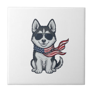 Ouderwetse Patriottische Husky Puppy Vector Design Tegeltje