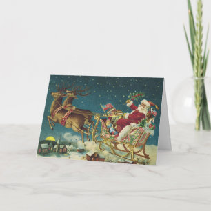 Ouderwetse patriottische Kerstman en slee Kerstmis Feestdagen Kaart