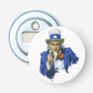 Ouderwetse Patriottische Oom Sam met Sterrenhoed e Button Flesopener