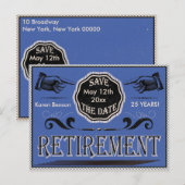 Ouderwetse pensionering Save the date - Blauw Aankondigingskaart (Voorkant / Achterkant)