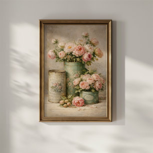 Ouderwetse Pioenboeket in Antieke Blikken Poster