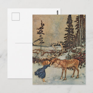 Ouderwetse Poster van Rendiermeisje in Winterse Sn Briefkaart