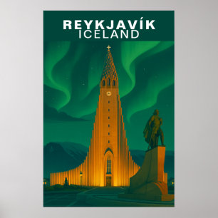 Ouderwetse Reykjavík, IJsland Aurora Borealis Poster
