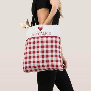 Ouderwetse rode en crème gingham met hartje draagtas