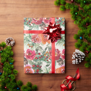 Ouderwetse rode handgeschilderde bloemige Kerstblo Cadeaupapier