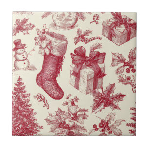 Ouderwetse rode toile kerstpatroon met kerstsokken tegeltje