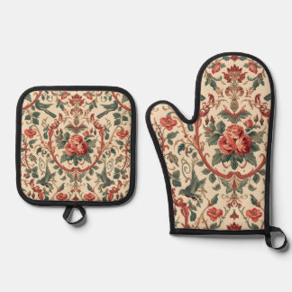 Ouderwetse Roos & Vogelpatroon Romantische Art Nou Ovenwant & Pannenlap Set