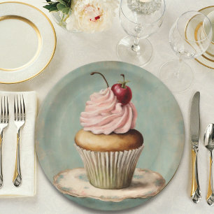 Ouderwetse Roze Franse Cupcake Verjaardags Theepar Papieren Bordje