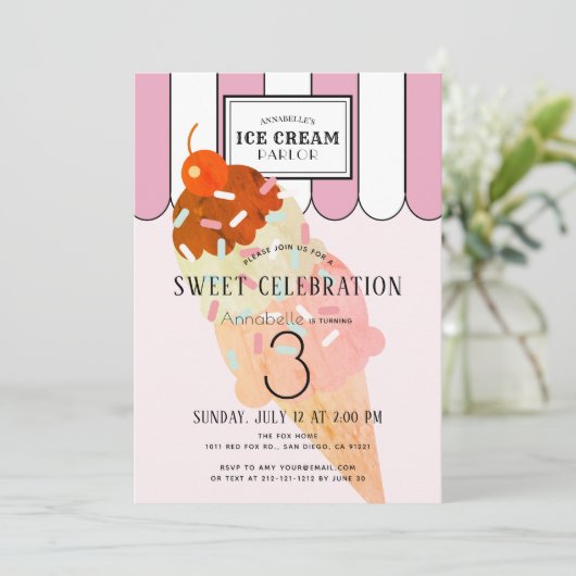 Ouderwetse roze ijssalon verjaardag kaart (Staand voorkant)