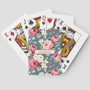 Ouderwetse Roze Rozen op Persoonlijke Diepblauwe Pokerkaarten